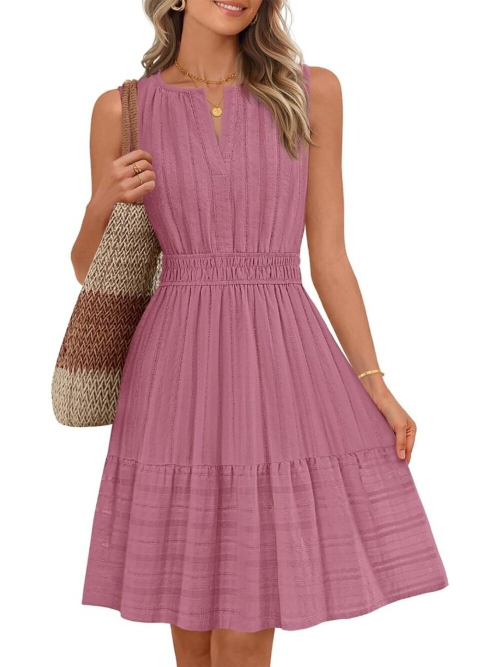 Women's Dusty Pink Summer Casual Sundress Beach Vacation Sleeveless Mini Dress